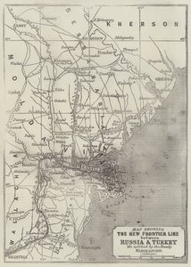 Kart som viser den nye grenselinjen mellom Russland og Tyrkia som fastsatt ved traktaten, 30. mars 1856